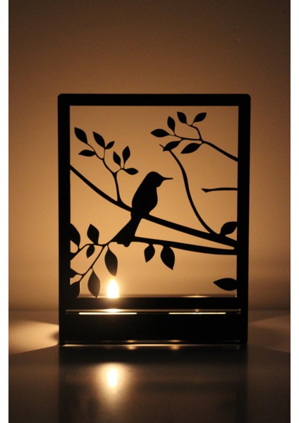Machin.ist Ağaçtaki Kuş Dekoratif Mumluk Metal Siyah - 12 cm x 15,5 cm x 6,5 cm