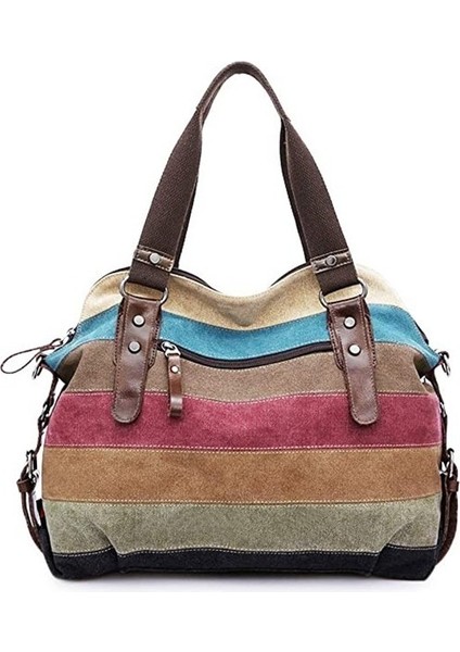 Gqbbgc Fashion Smart Kanvas Çanta Çok Renkli Çizgili Ekose Çapraz Askılı Çanta Kahve (Yurt Dışından)