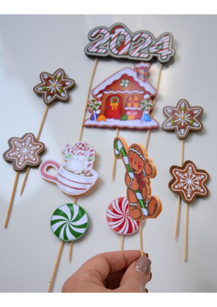 Yılbaşı Temalı Yeni Yıl Konseptli Pasta Süsü Seti - Çubuklu Yılbaşı Pasta Süsleri Seti Cake Topper