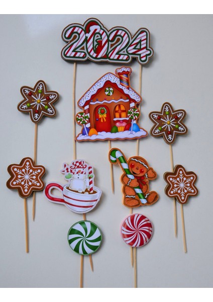 Yılbaşı Temalı Yeni Yıl Konseptli Pasta Süsü Seti - Çubuklu Yılbaşı Pasta Süsleri Seti Cake Topper