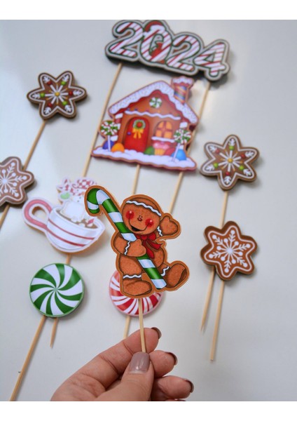 Yılbaşı Temalı Yeni Yıl Konseptli Pasta Süsü Seti - Çubuklu Yılbaşı Pasta Süsleri Seti Cake Topper