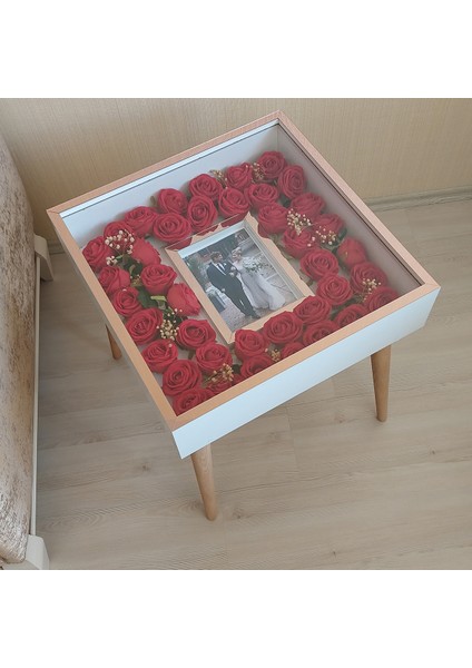 Beyaz-Rose Fotoğraf Bölümlü Yan Sehpa! Çiçek ve Gül Dizaynı Için Anı Sehpası! Gül Kutusu! Çiçek Sehpası! fiyatları
