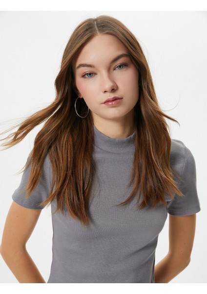 Balıkçı Yaka Crop Tişört Slim Fit Kısa Kollu Kaşkorse Pamuklu