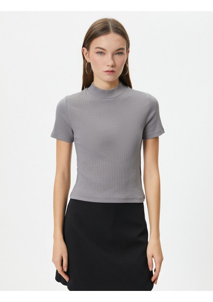Balıkçı Yaka Crop Tişört Slim Fit Kısa Kollu Kaşkorse Pamuklu