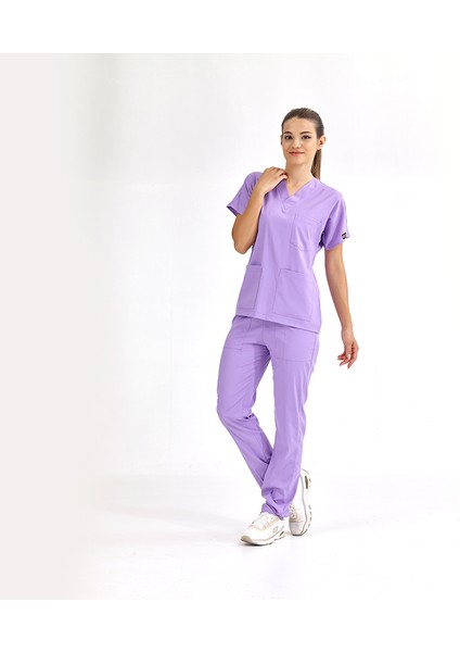 Lila Lüks Likralı Üniforma Takımlar Yüksek Kaliteli Likralı Scrubs