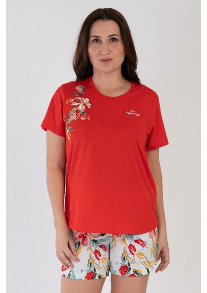 Pamuklu Kadın Büyük Beden Kısa Kol Şortlu Pijama Takım