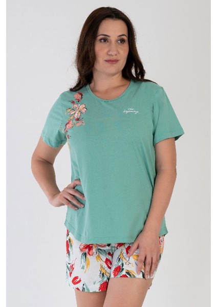 Pamuklu Kadın Büyük Beden Kısa Kol Şortlu Pijama Takım