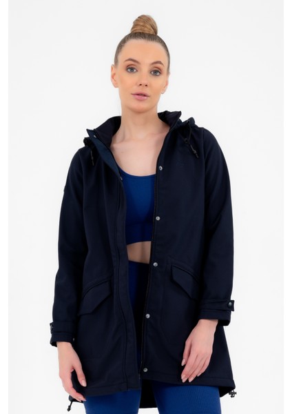 Lacivert Çıkarılabilir Kapüşonlu 2 Cepli Su Ve Rüzgar Geçirmez Kadın Softshell Mont 6331