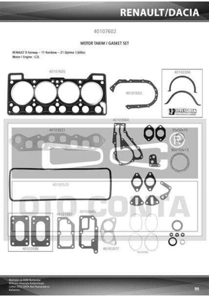 40107602 40107602 Motor Takım Conta Renault 9 Faırway R21 Optima Keçelı