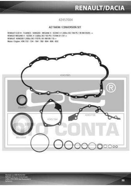 42457004 42457004 Motor Takım Conta Alt Clıo Iıı Clıo Iı Megane Iı Scenic Iı 1.5 Dcı Keçe Metal