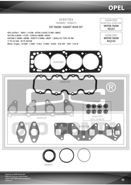 42447303 42447303 Motor Takım Conta Üst Astra Vectra A Ascona 1.6 C16NZ 93 Keçelı