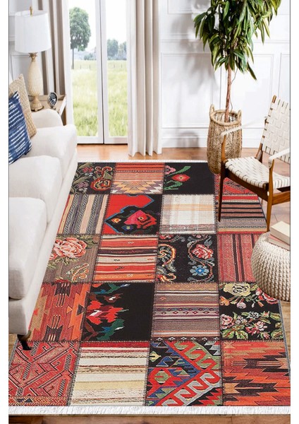 Kırmızı Siyah Çiçekli Desenli Yıkanabilir Kaymaz Salon Halısı Dekoratif Kilim ARM-1084