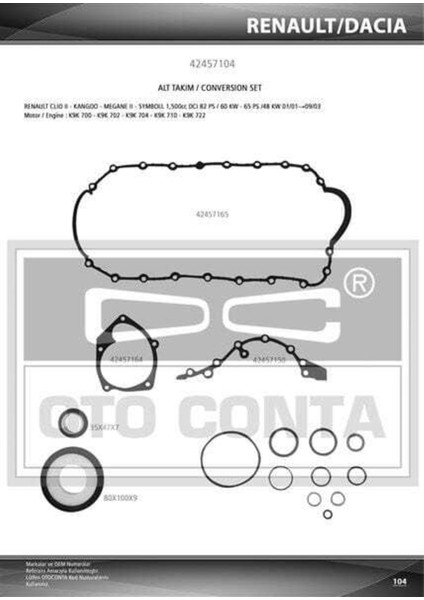 42457104S 42457104S Motor Takım Conta Alt Kangoo Clıo Megane Iı Logan 1.5dcı K9K Keçelı
