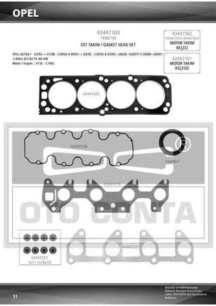 Oto Conta 42447103 42447103 Motor Takım Conta Üst Astra F Corsa A B Combo Kadett E 1.4 8V Keçelı