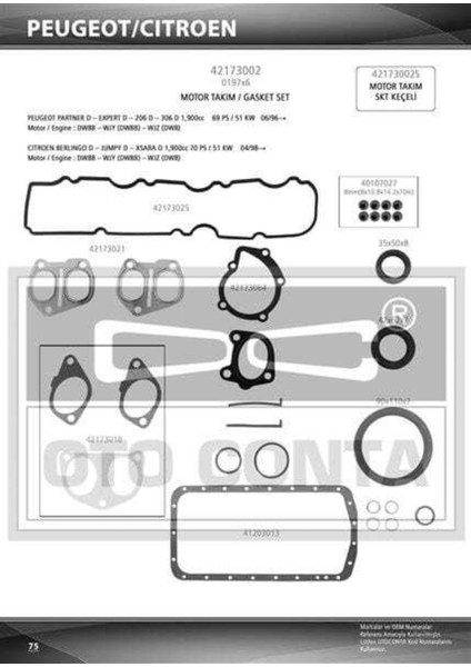 42173002S 42173002S Motor Takım Conta 407 Partner / Berlingo 1.9d Dw8 98- Full Keçelı - Skc Sız