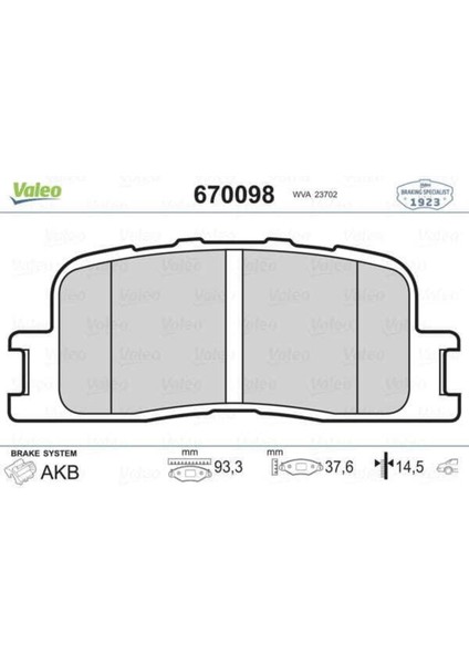 670098 Arka Balata Camry Xv3 2.0 Vvt-I 2.4 Vvt-I 3.0 V6 3.3 Vvt-I 08/2001-2006VAL-670098 0446633100 0446633