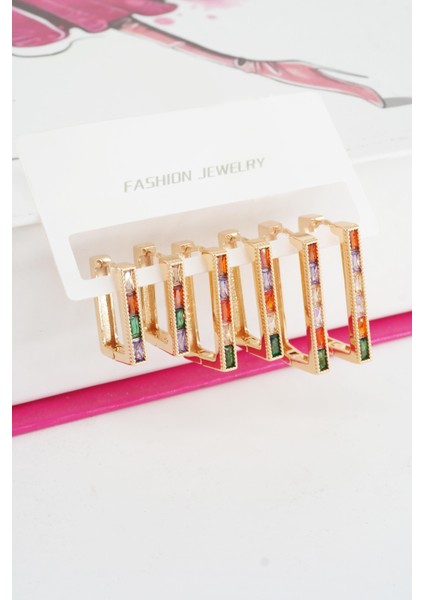 Kadın Vip Seri Mix Renkli Baget Zirkon Taşlı 6'lı Küpe Seti
