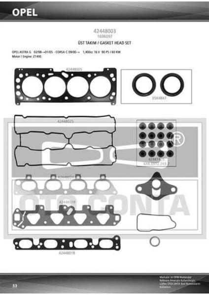42448003 42448003 Motor Takım Conta Üst Astra G Corsa C 1.4 16V 90PS 66KW Doch Z14 Viton Keçelı Sub