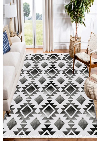 Siyah Beyaz Damask Geometrik Desenli Yıkanabilir Kaymaz Salon Halısı Dekoratif Kilim ARM-1109