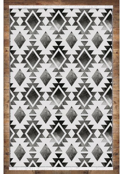 Siyah Beyaz Damask Geometrik Desenli Yıkanabilir Kaymaz Salon Halısı Dekoratif Kilim ARM-1109