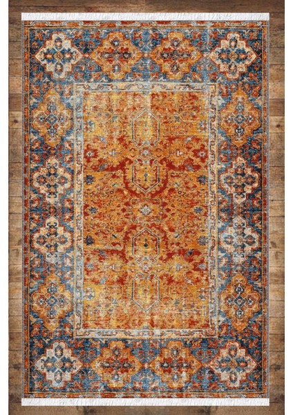 Turuncu Mavi Vintage Desenli Yıkanabilir Kaymaz Salon Halısı Dekoratif Kilim ARM-1155