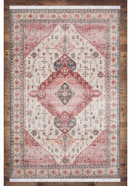 Kırmızı Gri Eskitme Desenli Yıkanabilir Kaymaz Salon Halısı Dekoratif Kilim ARM-1192