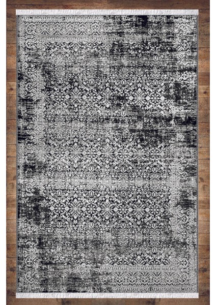 Gri Siyah Retro Desenli Yıkanabilir Kaymaz Salon Halısı Dekoratif Kilim ARM-1137