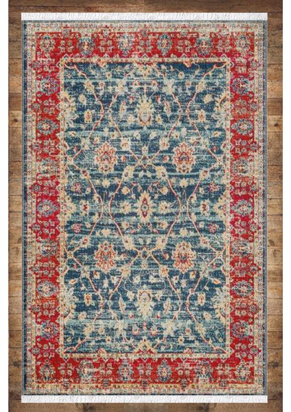 Kırmızı Mavi Desenli Yıkanabilir Kaymaz Salon Halısı Dekoratif Kilim ARM-1100