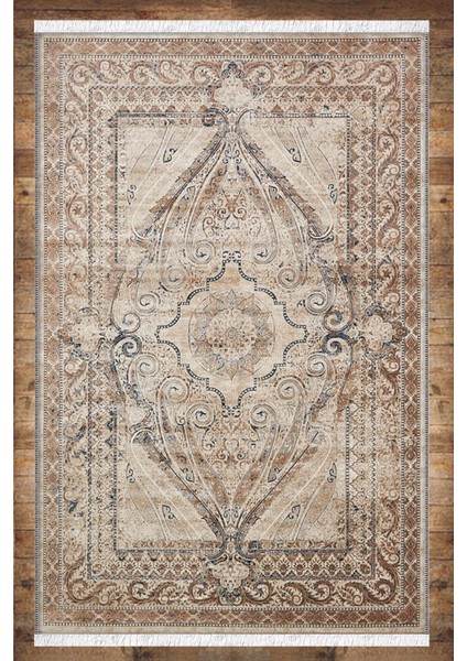 Kahve Vintage Desenli Yıkanabilir Kaymaz Salon Halısı Dekoratif Kilim ARM-1046