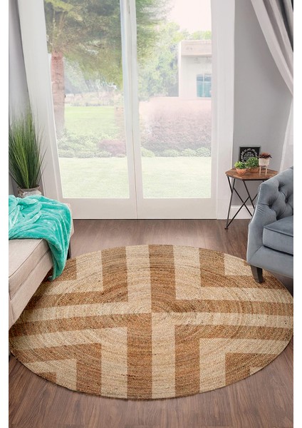 Simetrik Kareler Desenli Natural Modern Baskılı Jüt Örme Halı Hasır Kilim