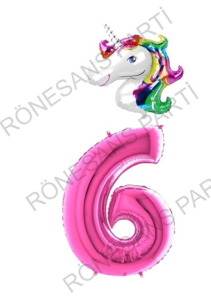 Unicorn Folyo Balon Ve Fuşya Rakam Folyo Balon Seti 6