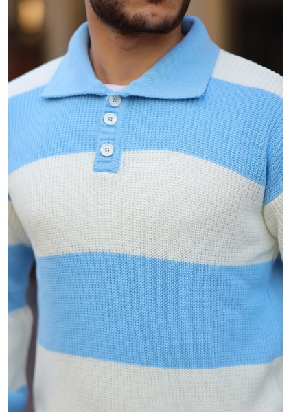 Düğmeli Polo Yaka Yarım Oversize Çizgili Triko Kazak - Mavi