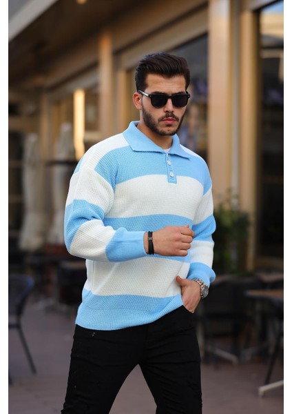 Düğmeli Polo Yaka Yarım Oversize Çizgili Triko Kazak - Mavi