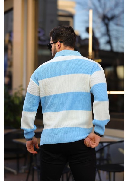 Düğmeli Polo Yaka Yarım Oversize Çizgili Triko Kazak - Mavi