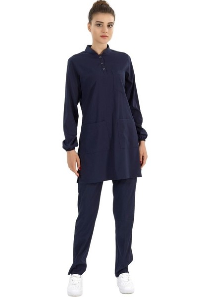 Lacivert Lüks Likralı Doktor Hemşire Tesettürlü Hakim Yaka Takım