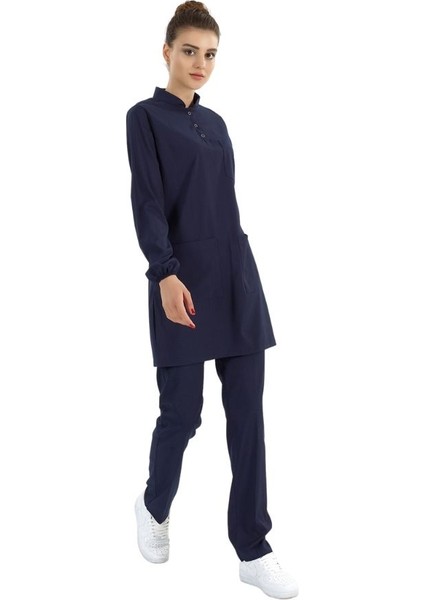 Lacivert Lüks Likralı Doktor Hemşire Tesettürlü Hakim Yaka Takım modelleri