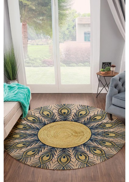 Geometrik Kuş Tüyü Mandala Desenli Natural Modern Baskılı Jüt Örme Halı Hasır Kilim