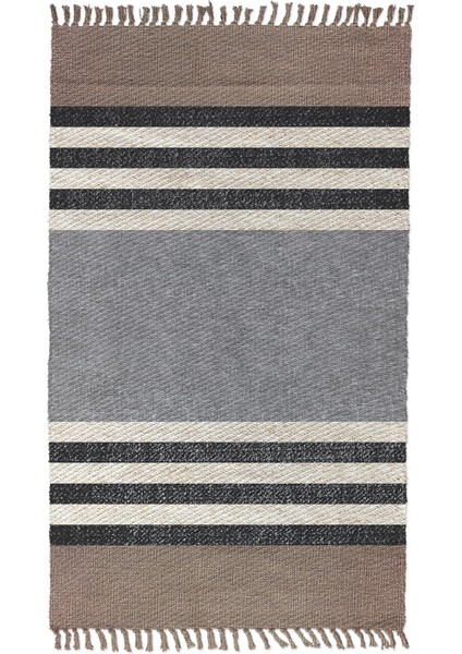 Alaçatı 3 Kahve Siyah Bloklu Şerit Desen Otantik Motif Kara Tezgah Halı Çift Taraflı Kilim