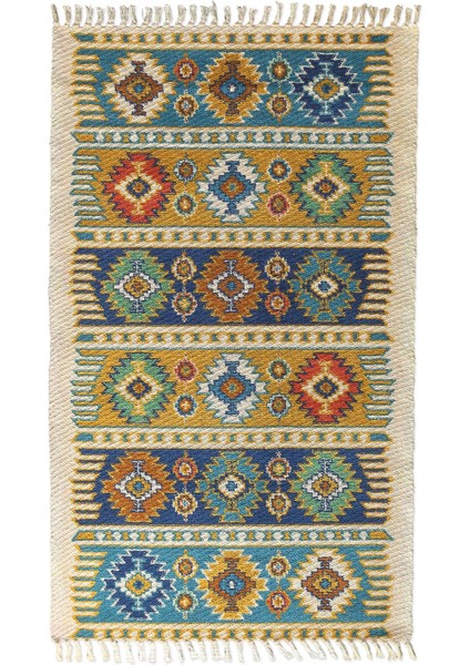 Alaçatı 9 Renkli Şerit ve Otantik Motif Kara Tezgah Halı Çift Taraflı Kilim