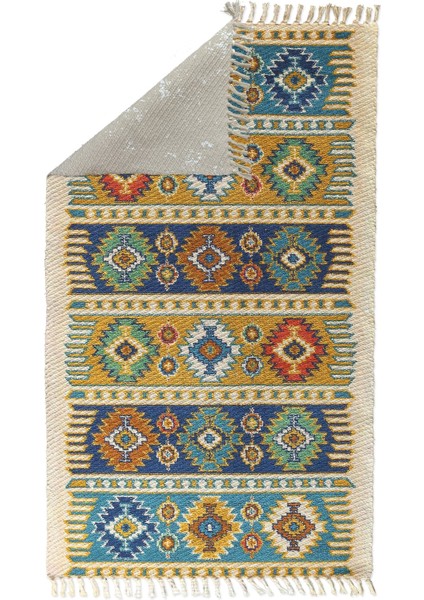 Alaçatı 9 Renkli Şerit ve Otantik Motif Kara Tezgah Halı Çift Taraflı Kilim