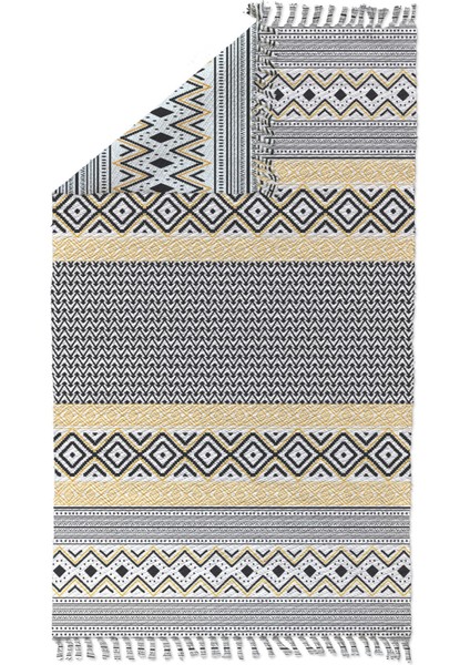 Alaçatı 14 Sarı Siyah Iskandinav Desen Otantik Motif Kara Tezgah Halı Çift Taraflı Kilim