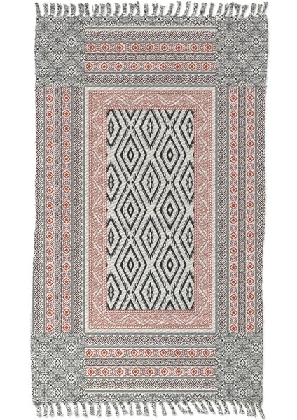 Alaçatı 16 Kiremit Siyah Iskandinav Desen Otantik Motif Kara Tezgah Halı Çift Taraflı Kilim