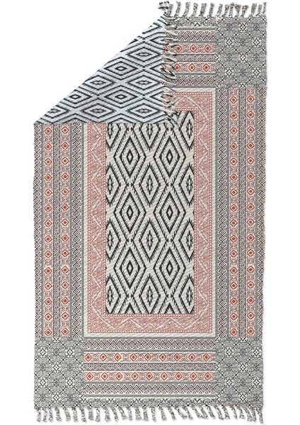 Alaçatı 16 Kiremit Siyah Iskandinav Desen Otantik Motif Kara Tezgah Halı Çift Taraflı Kilim