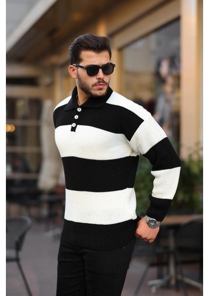 Düğmeli Polo Yaka Yarım Oversize Çizgili Triko Kazak - Siyah