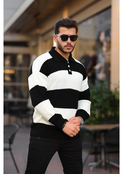 Düğmeli Polo Yaka Yarım Oversize Çizgili Triko Kazak - Siyah fiyatları
