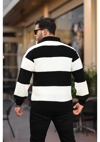 Düğmeli Polo Yaka Yarım Oversize Çizgili Triko Kazak - Siyah modelleri