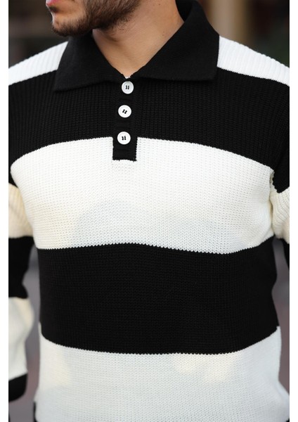 Düğmeli Polo Yaka Yarım Oversize Çizgili Triko Kazak - Siyah fırsatları
