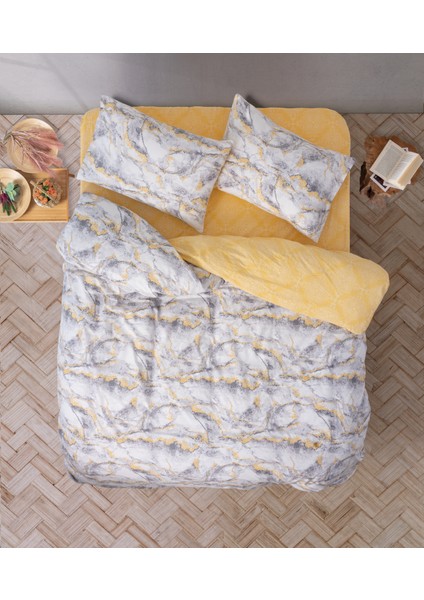 Çift Kişilik Lastikli Çarşaflı Nevresim Takımı Mermer Sarı