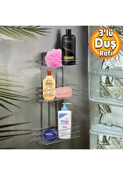 Banyo Duş Rafı Şampuanlık Köşelik Kare Krom 3 Katlı Malzemelik Organizer Düzenleyici Mutfak Eşya Rafı