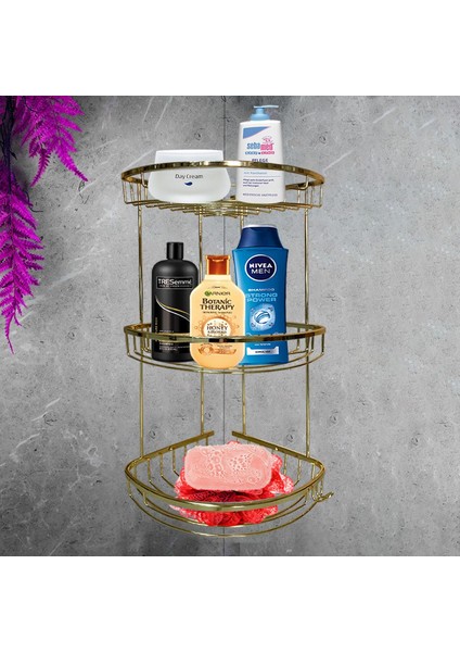 Banyo Duş Rafı Şampuanlık Köşelik Damla Gold Altın 3 Katlı Malzemelik Organizer Düzenleyici Mutfak Eşya Rafı modelleri